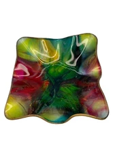 Vintage Mayfair Glassware Square Plate Fire Orange Red Green Decor MCM