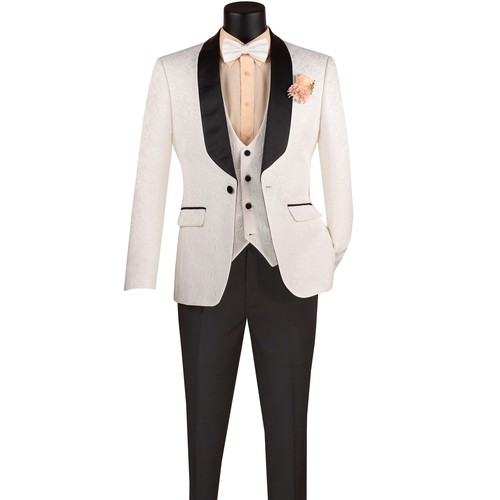 BIG & TALL Men's White Jacquard 3 Piece Slim Fit Tuxedo Wedding Suit NWT - Picture 3 of 3