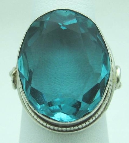MASSIVE GORGEOUS ESTATE OVAL-CUT BLUE GLASS STERLING SILVER RING, SIZE 7.5 - Picture 7 of 7