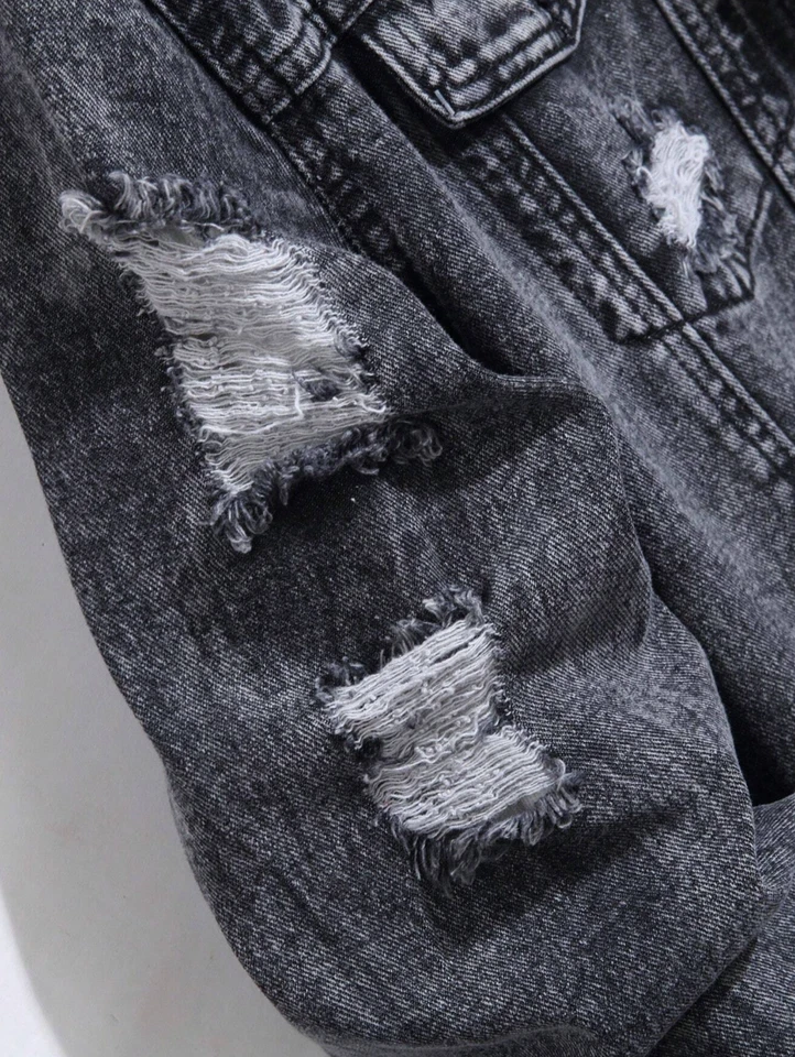 Chaqueta Vaquera Gris Para Hombres Desgastada Mezclilla de Invierno Abrigos - Image 4 of 4