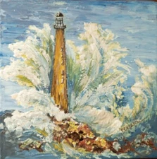 Lighthouse Original Landscape Painting Impressionist Art 8x8, Signed Artist