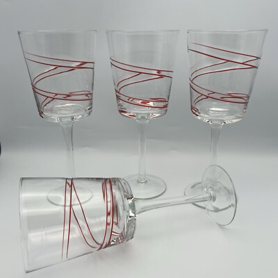 4 POTTERY BARN Red Spiral Swirl Goblets Glasses 8.25 