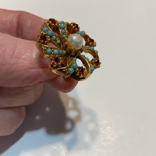 Vtg Pinwheel Swirl Gold Tone Brooch Pin Faux Turquoise Red Glass Rhinestones - Picture 5 of 8