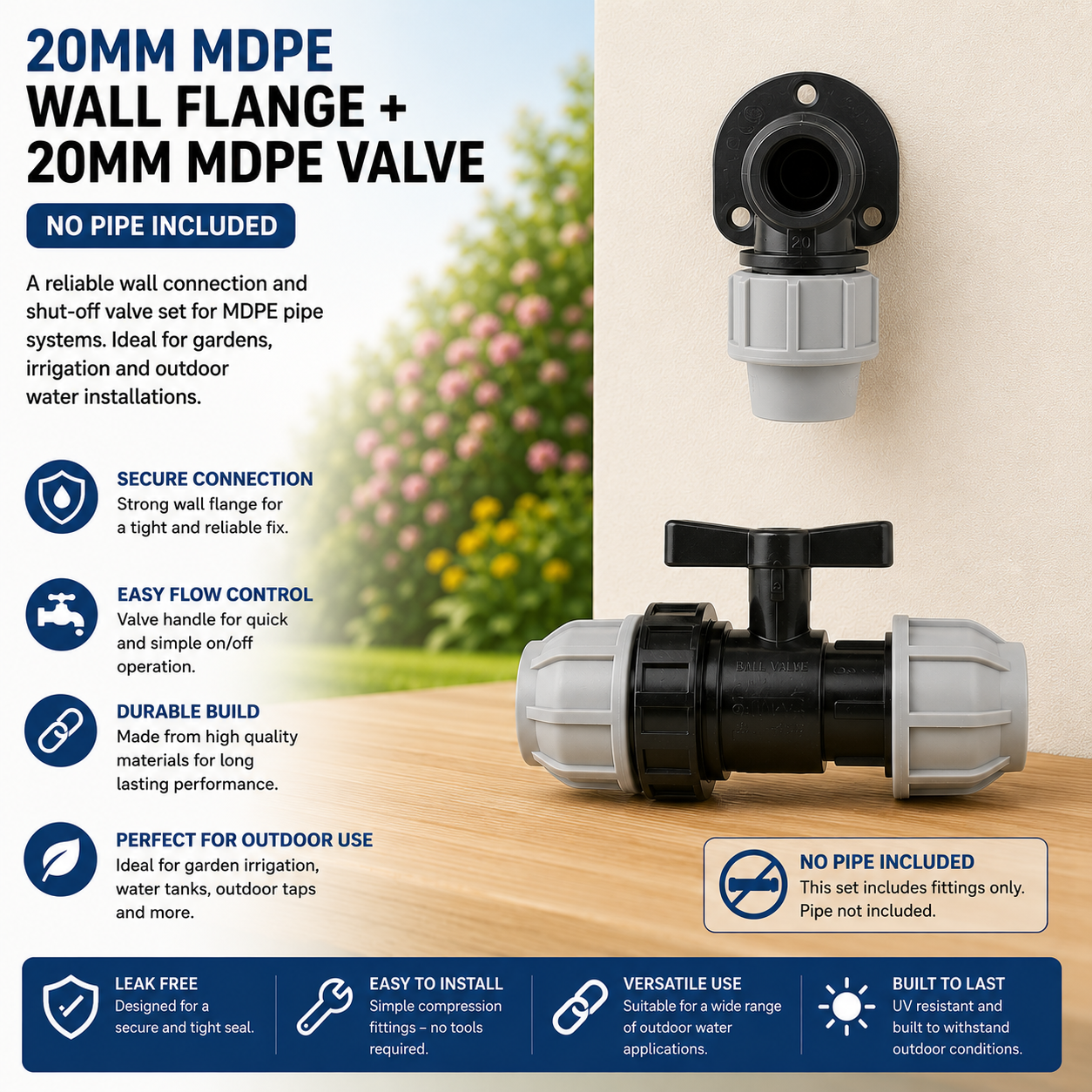 MDPE Wall Flange and 20mm Shut Off Valve for Garden Irrigation Water Systems Kit