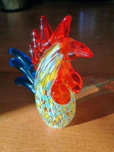 Vintage Colorful Murano Style Blown Art Glass Rooster Chicken Figurine Speckled