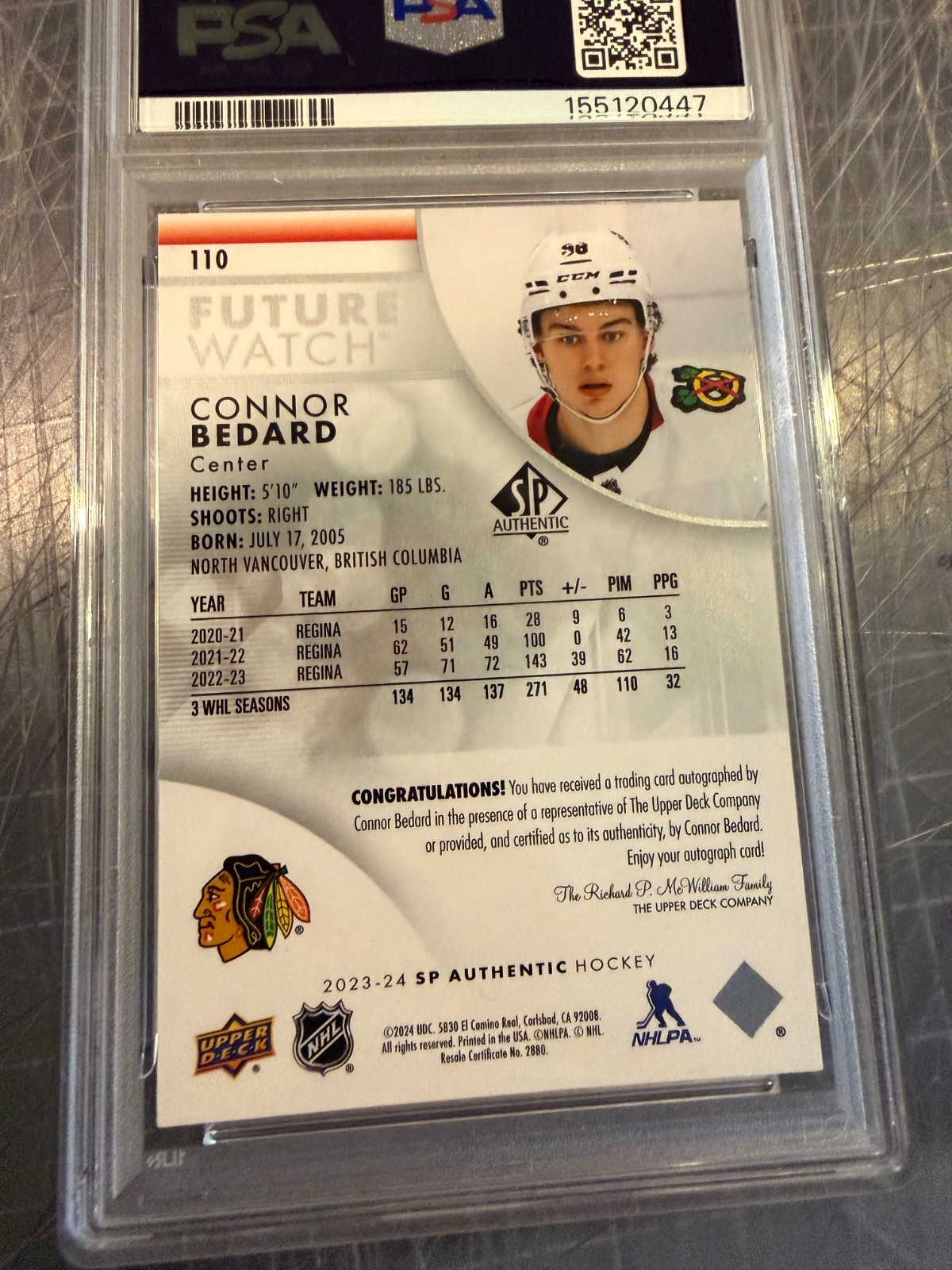 2023 SP AUTHENTIC #110 CONNOR BEDARD BLACKHAWKS ROOKIE AUTO 999 PSA 9 MINT view 2