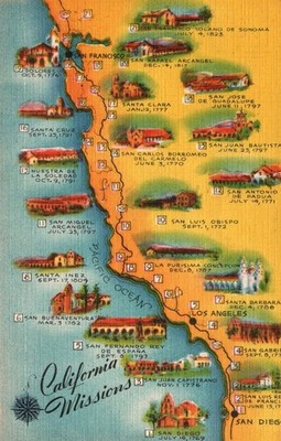 PICTORIAL MAP Of The CALIFORNIA MISSIONS On Colorful Vintage 1951 Postcard