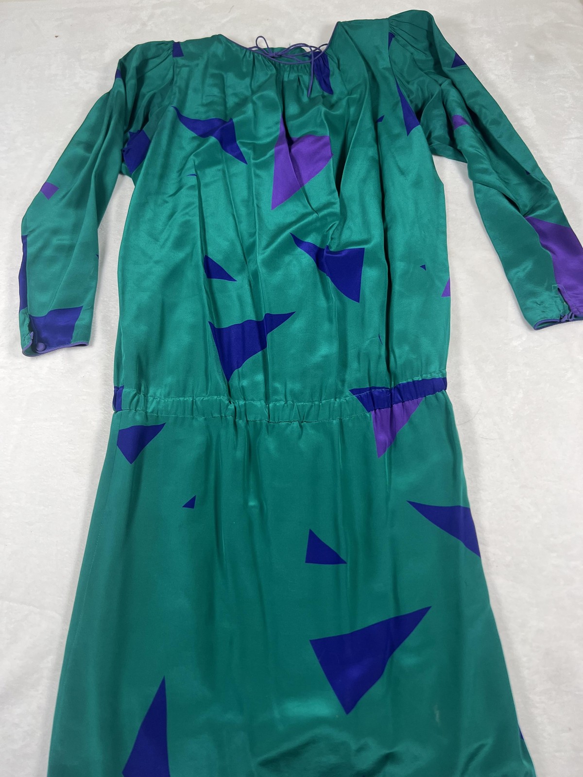 Vintage Flora Kung Advance Dress Womens 4 Green Purple Silk Rayon Geometric