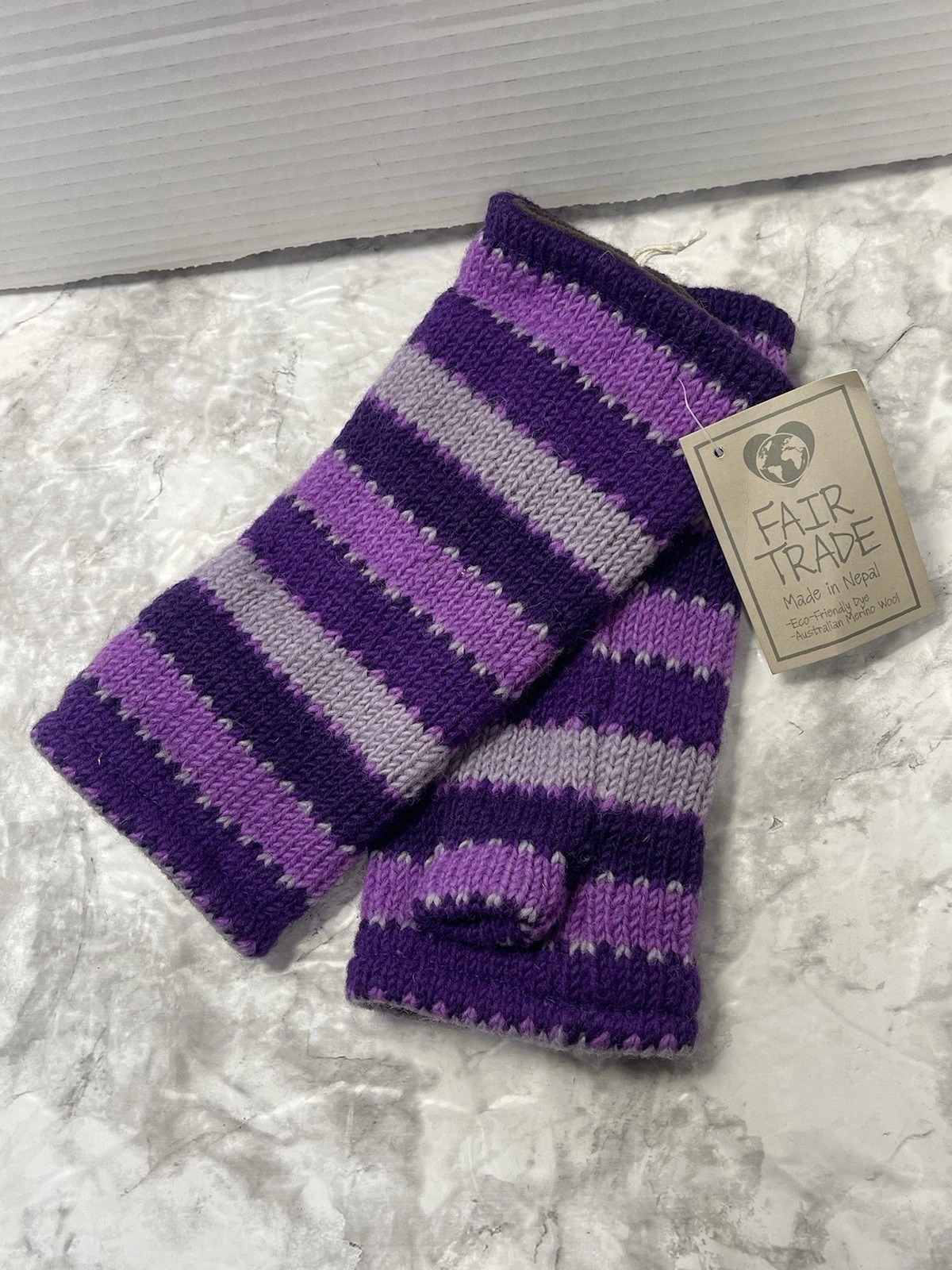 Paths of the Spirit Fair Trade Fingerless Gloves Purple Striped Merino Lined New