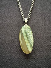 Unique Carved Green Agate Gemstone Pebble Pendant Silver Tone Necklace Healing