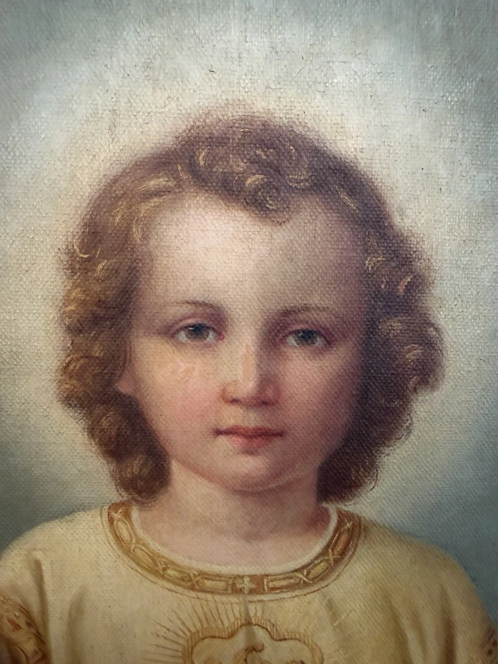 Pintura a óleo religiosa italiana original de 1937 – Menino Jesus – Assinada e emoldurada - Imagem 2 de 4