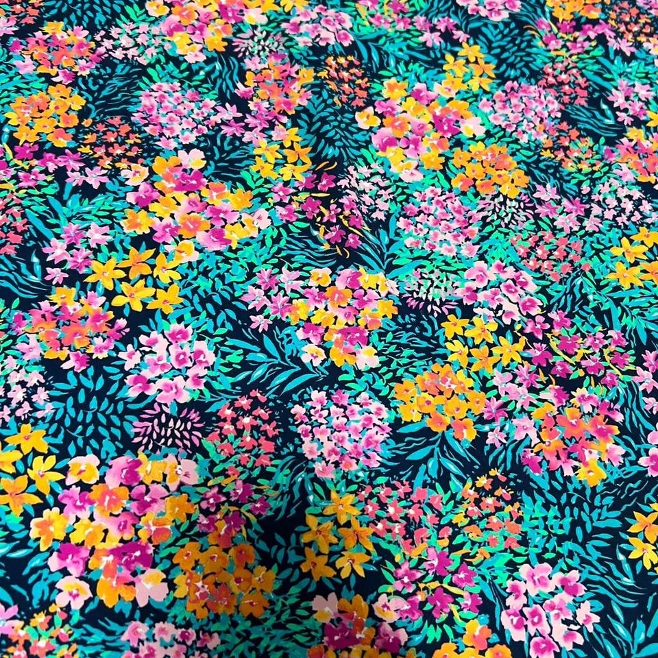 Hojas de neón y flores rosadas tela elástica 60" de ancho traje de baño spandex por yarda Foto 2 de 4