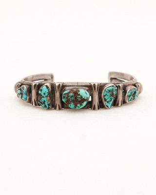 Native American Turquoise Cabochon Sterling Silver Cuff Bracelet 31g Vintage 60s