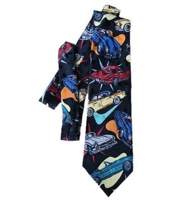 Vintage Addiction Black Multi Color Classic Cars Pattern 100% Silk Necktie 