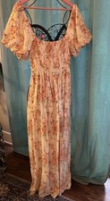 Forever 21 Maxi Rayon Linen Blend Dress Cream Orange Floral Size Large