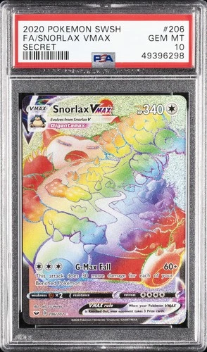 2020 POKEMON SWORD & SHIELD SECRET #206 FULL ART/SNORLAX VMAX PSA 10