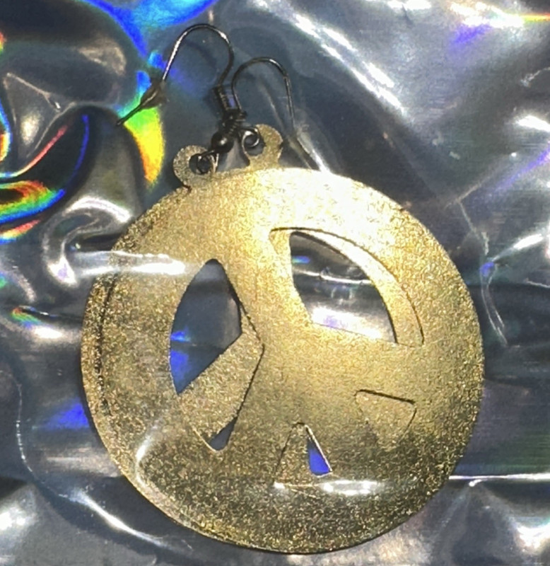 Gold Tone Metal Peace Sign Round Dangle/Drop Earrings Hook Closure