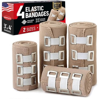 Elastic Bandage Wrap 4pk (2x3in, 2x4in) + 12 Clips - Compression for Joints