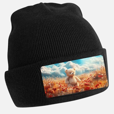 Black Beanie Hat with Cool Teddy Bear Motif - Unisex Cap, Cotton