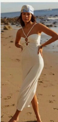 white halter neck evening dress Living High | White Halter-Neck Maxi Dress With Long Sleeves main image 0