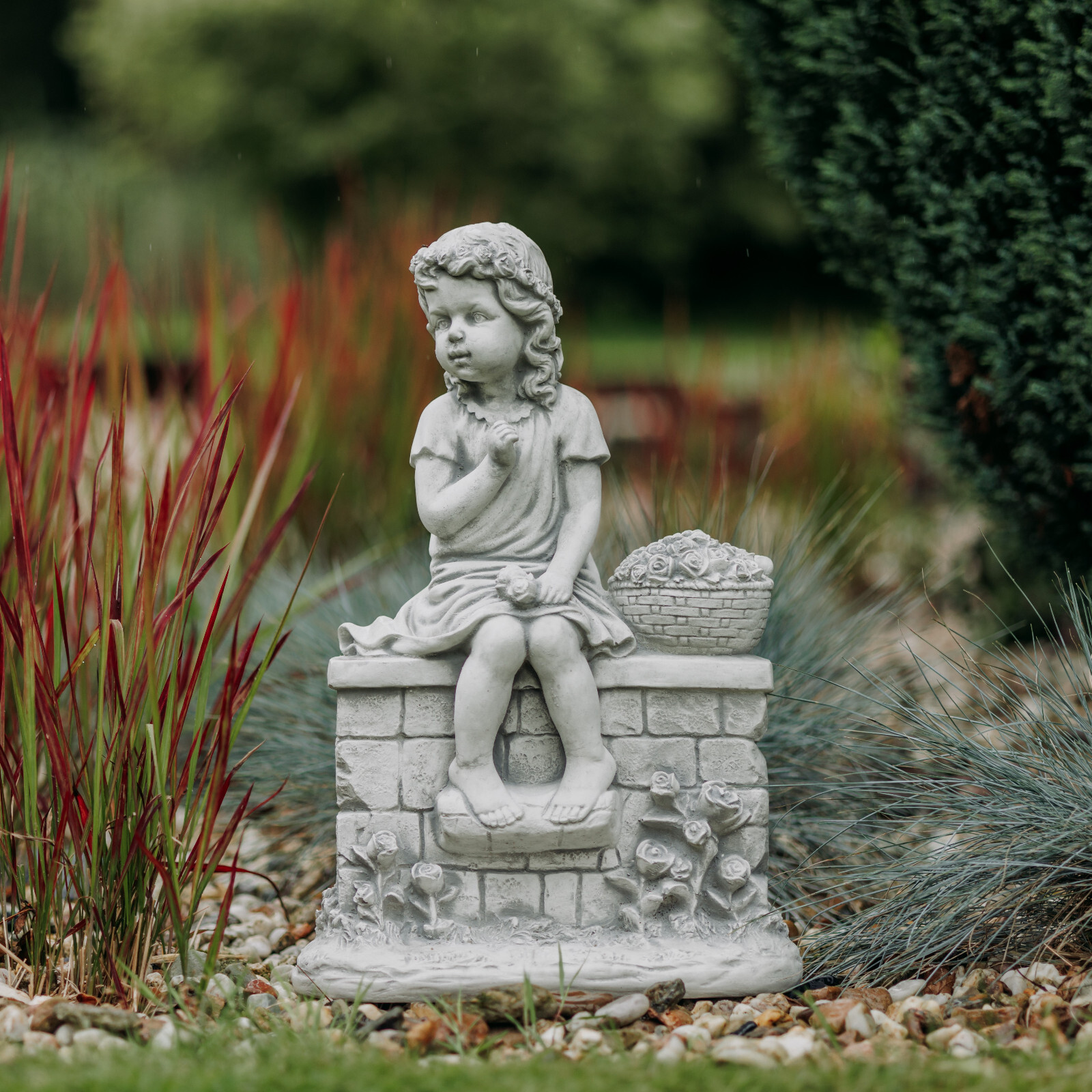 Girl on Wall Kids Figure Stone Figure 49cm 18kg Grey Concrete Frost Proof