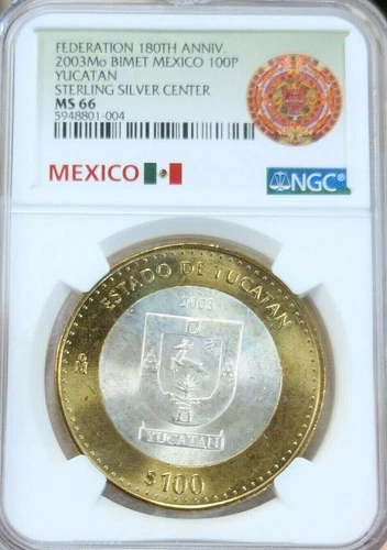 2003 MEXICO SILVER 100 PESOS ESTADO DE YUCATAN NGC MS 66 PQ GEM BU TOP POP 1