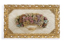 Wall plaque Basket With Blossom Porcelain Italian Capodimonte Frame Gold