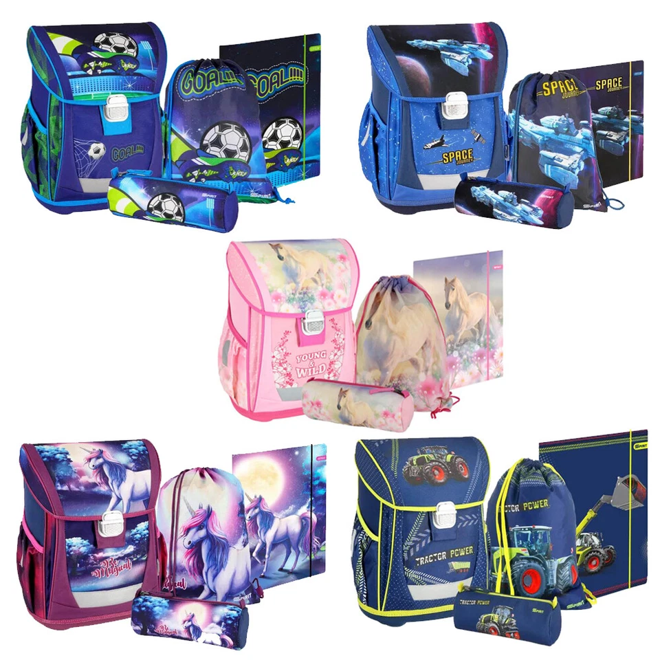 SPIRIT Schulranzen Ranzen Set Mädchen Junge Fußball Space Pferde Einhorn Traktor