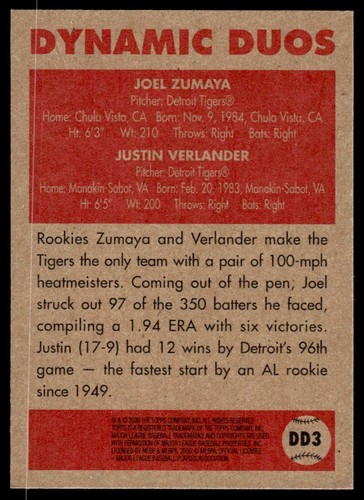 2006 Topps 1952 Edition Dynamic Duos Joel Zumaya/Justin Verlander Detroit Tigers - Picture 2 of 2