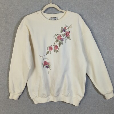 Northern Reflections Florals Front Back Print VTG sweatshirt M Beige Cottage Y2K