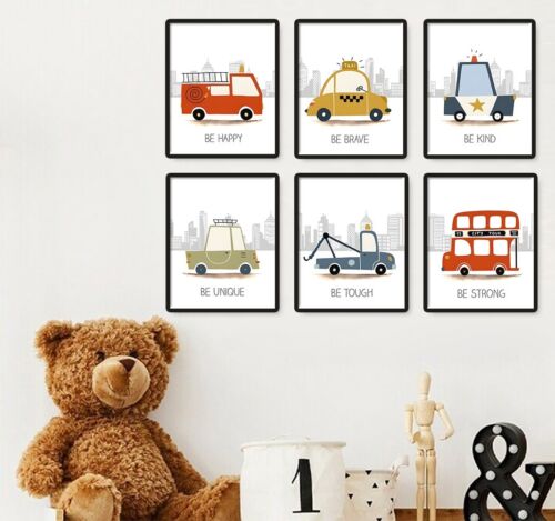 Baby Kinder Kinderzimmer Stadtfahrzeuge Autos positive Zitate Wandkunst Drucke 6er Set - Bild 1 von 7