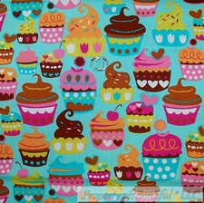 BonEful Fabric FQ Cotton Quilt Aqua Blue Pink Sweet Girl Cupcake Cherry Birthday