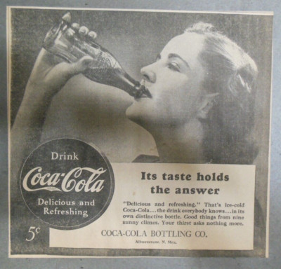 Coca-Cola ad: Fantastic  Artwork! from 1940's 7 x 7 inches Holds The Answer !
