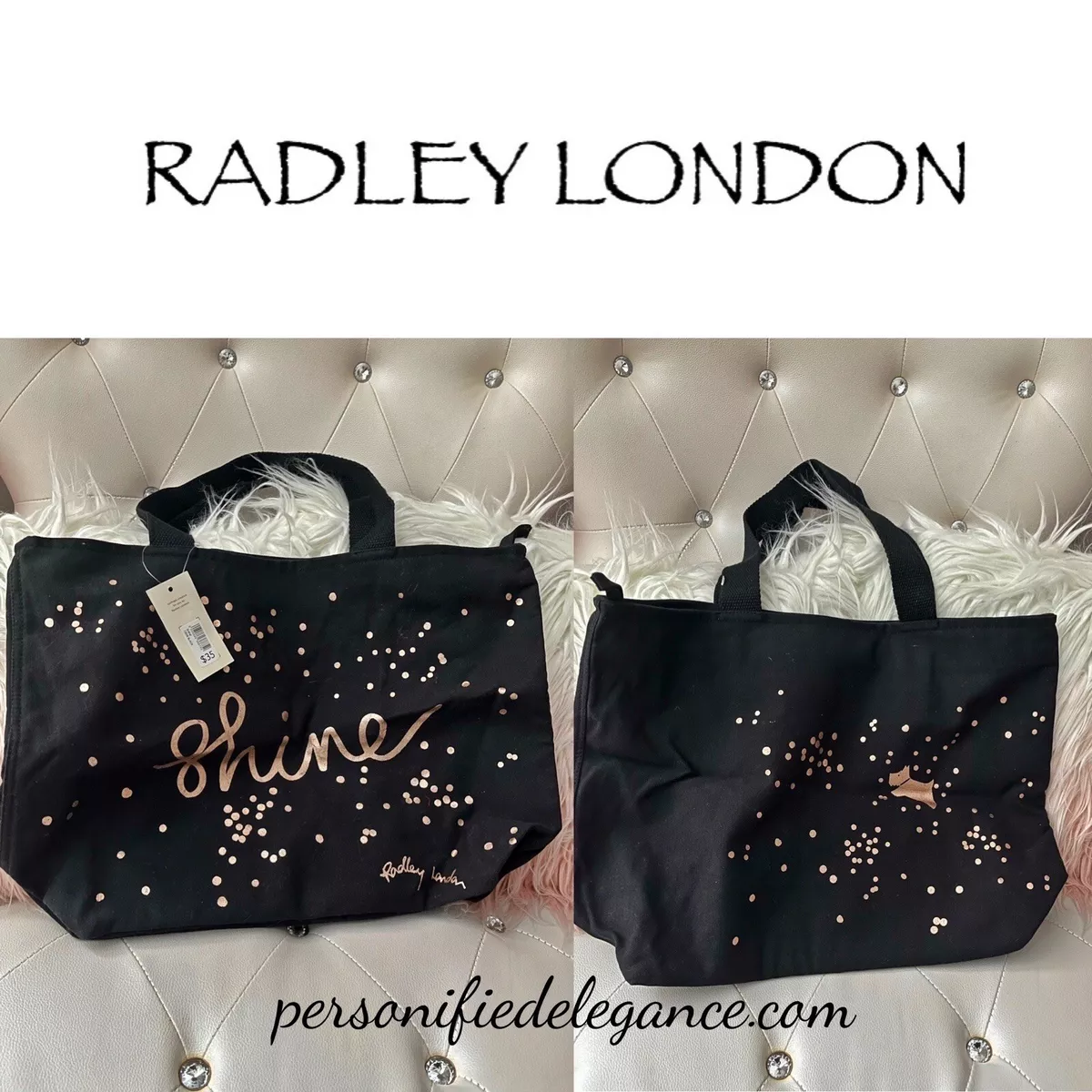 NEW Radley London “Shine” Black Zip Top Large Tote Bag $35