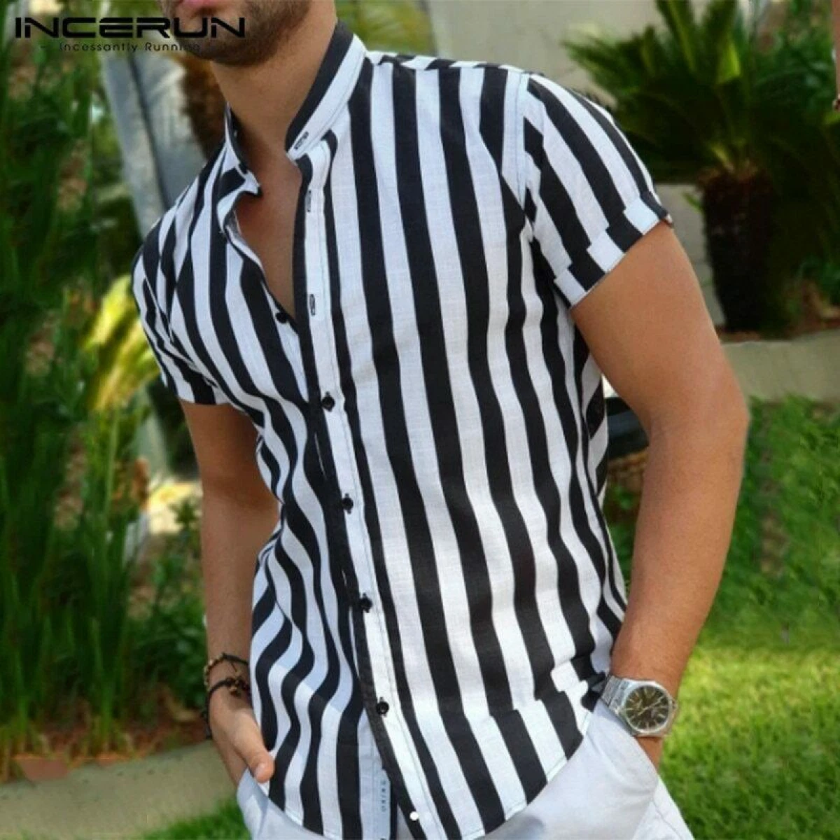 Camisa Corta A Rayas Con Botones Para Hombre Blusa De Verano Moda Masculina  Lujo