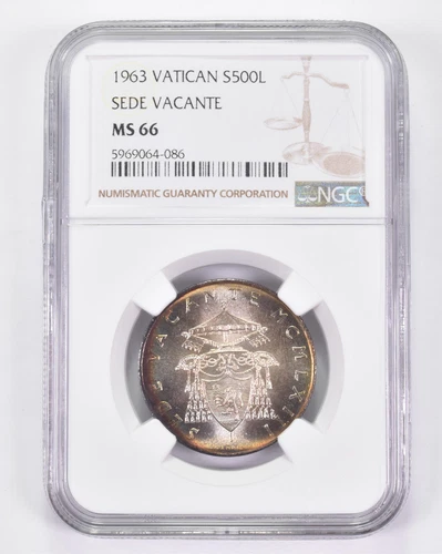 MS66 1963 Vatican 500 Lire Silver - Sede Vacante -Toned! NGC *8965