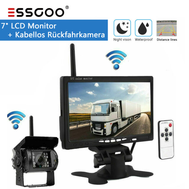 ESSGOO 7 Zoll LCD Monitor Mit Funk Kabellos KFZ FHD Rückfahrkamera Einparkhilfe