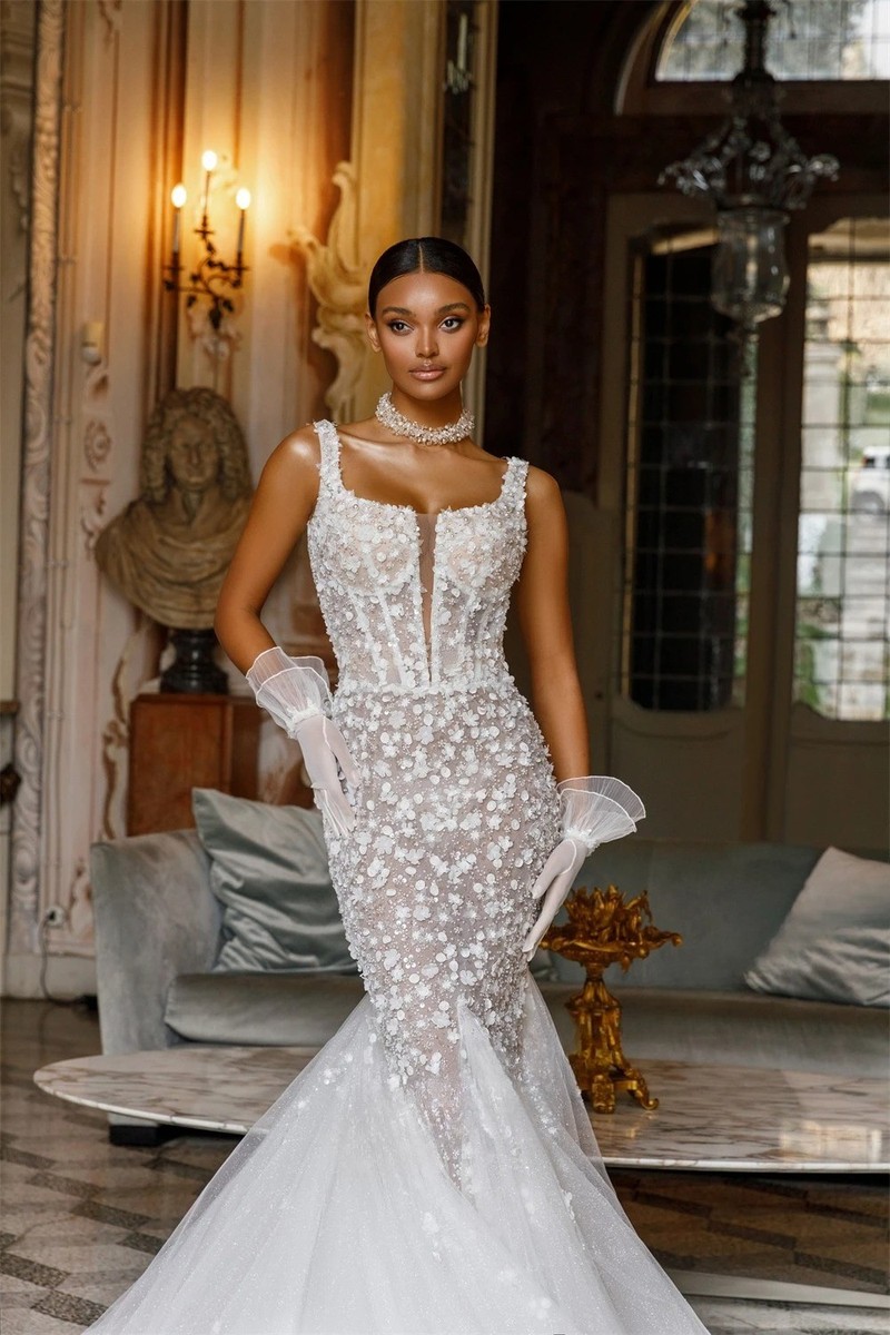 mermaid wedding dresses rhinestones Fashion Sleeveless Wedding Dresses For Woman Bride Mermaid Pearls Appliques