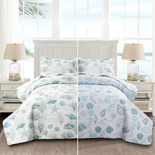 Reversible Coastal Beach Theme Quilt Set King Size Ocean Coral Bedding Seaweed B