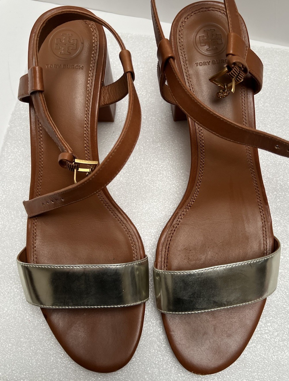 Tory Burch Tan & Gold Strappy Leather Sandals Block Heel Sz 11