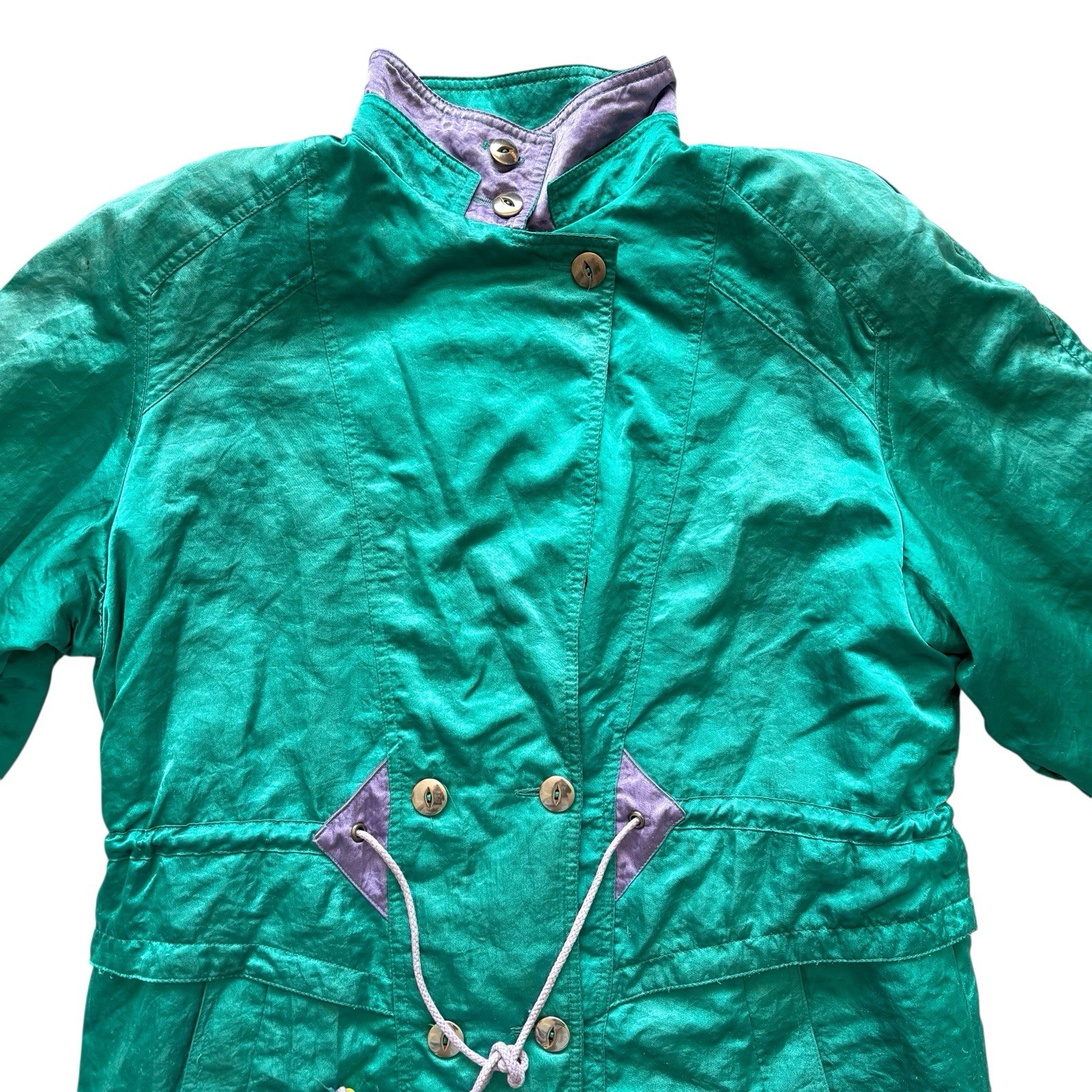 Vintage Womens Coat 80s Satin Green Buttoned Retro Indie New Wave 16 - 18 image 3
