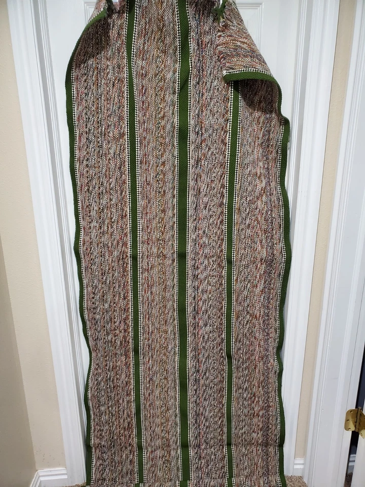 Handwoven Striped Rug – Green Trim – Rustic Boho Style – Approx. 117" x 29" - Image 3 of 4