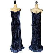90s Monsoon Midnight Blue Long Velvet Bias Cut Rose Devore Dress UK 14/16 US 12