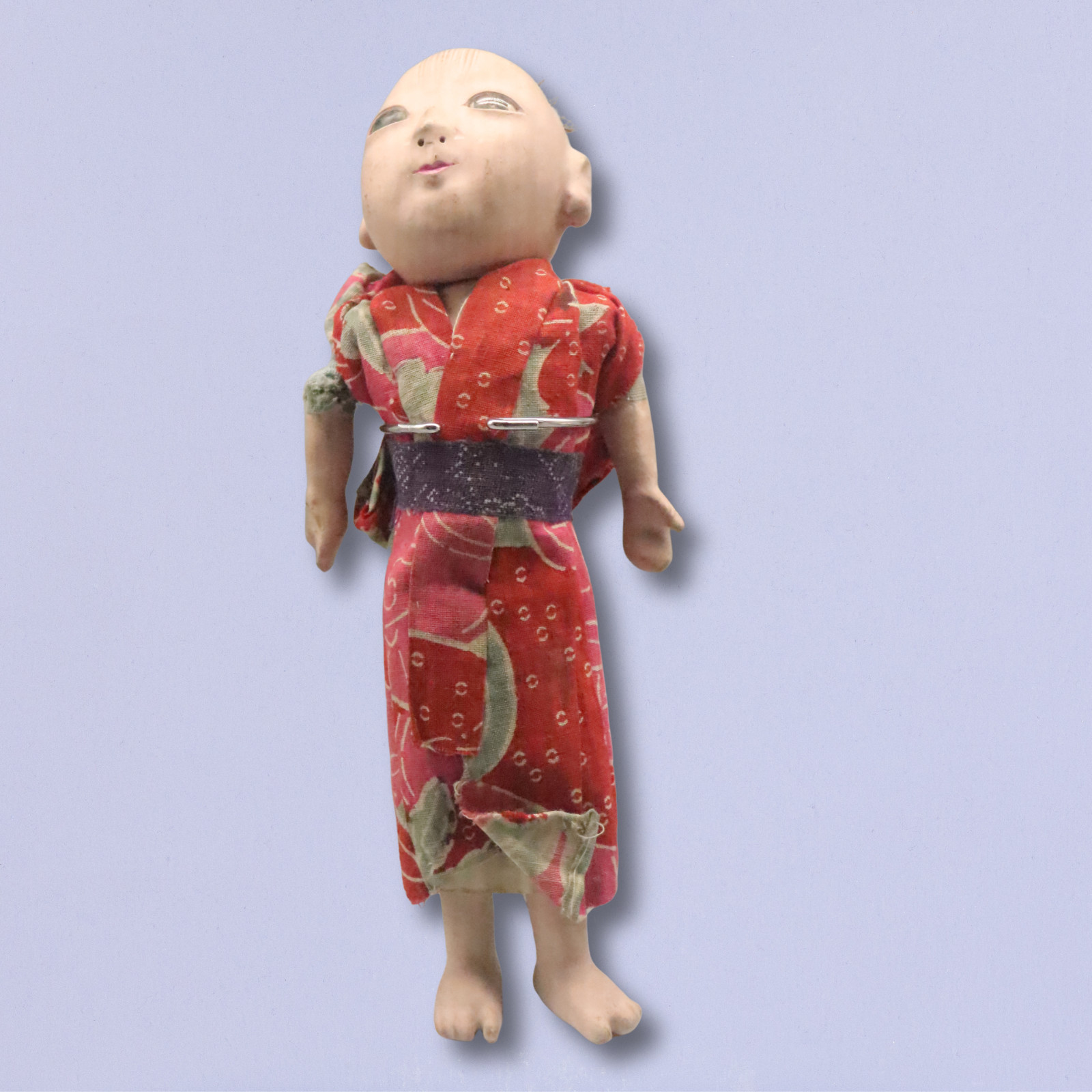 Antique Japanese Ichimatsu Doll 9&rdquo; Composition Cloth Kimono Squeaker Toy
