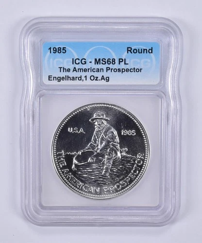 1985 Engelhard American Prospector 1 Troy Oz Silver Round MS68 PL ICG