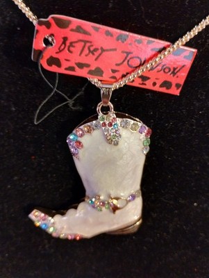 Betsey Johnson Rhinestone Shinny White Cowboy Or Cowgirl Boot Shaped  Necklace