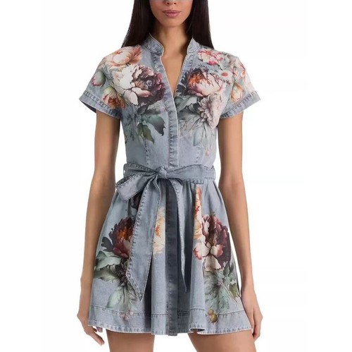 Alice+Olivia LUCY MINI DENIM SHIRT DRESS Sierra Vintage/Multi $550 Size 4