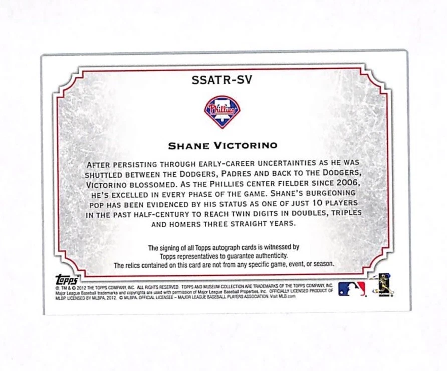 Tarjeta parche automático Phillies 2012 Topps Museum Collection Shane Victorino 16/25 Foto 2 de 2