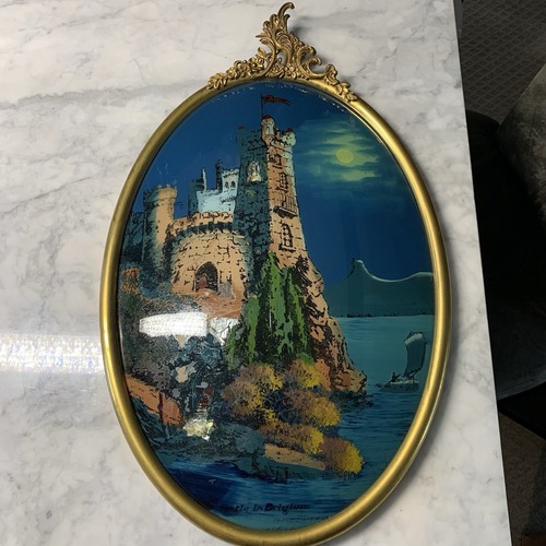Antique Brass 1917 Baroque Castle In Belgium Reverse Painting On Convex Glass - Picture 12 of 14