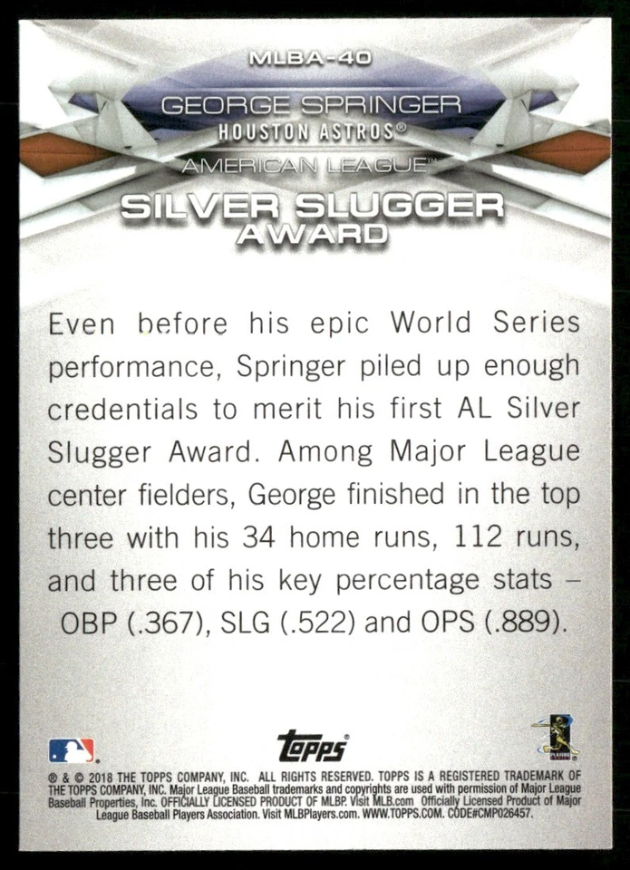 2018 TOPPS MLB AWARDS GEORGE SPRINGER HOUSTON ASTROS #MLBA-40 - Image 2 of 2
